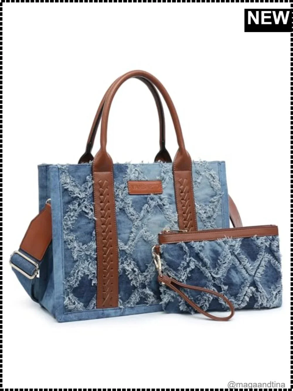 Denim Tote Bag Quilted Diamond Vegan Leather Satchel with Wristlet